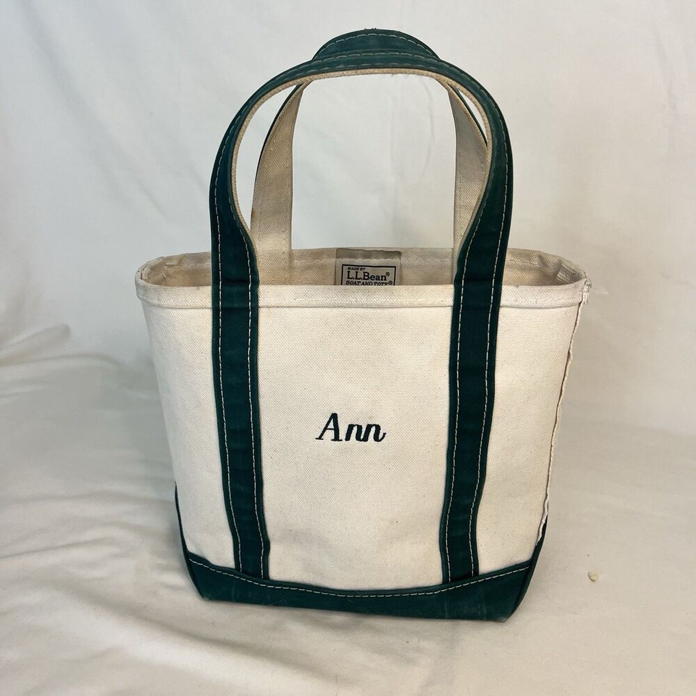 Vintage 90s LL Bean Boat And Tote Small Cream Canvas With Green Handles - Picture 1 of 4